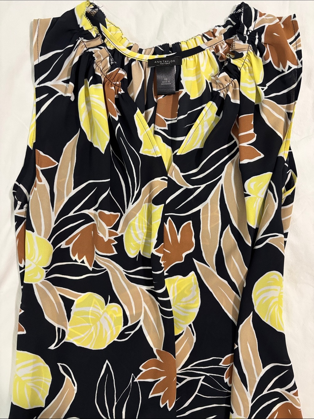 Ann Taylor Black Floral Sleeveless Top with Yellow & Tan Accents